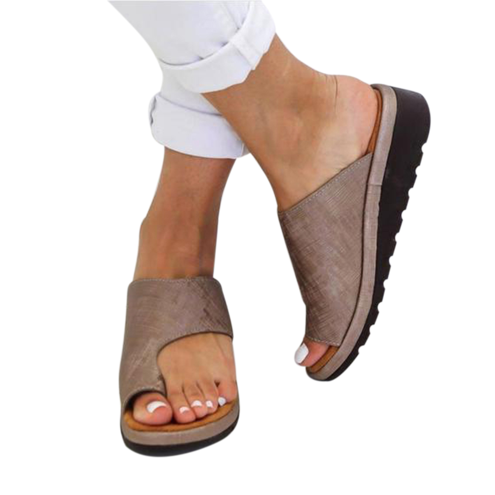 Hot Sale-Women Comfy Platform Sandal Shoes Feet Correct Thickened Street PU Leather Dating Shopping Flat Sole Women
