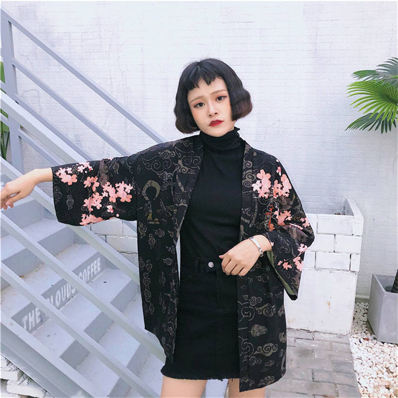 Wholesale-Neploe Japanese Women Cardigan Half Sleeve V-neck Kimono Blouses Chinese Dragon Print Coat Loose Sun-protective Shirts 35349