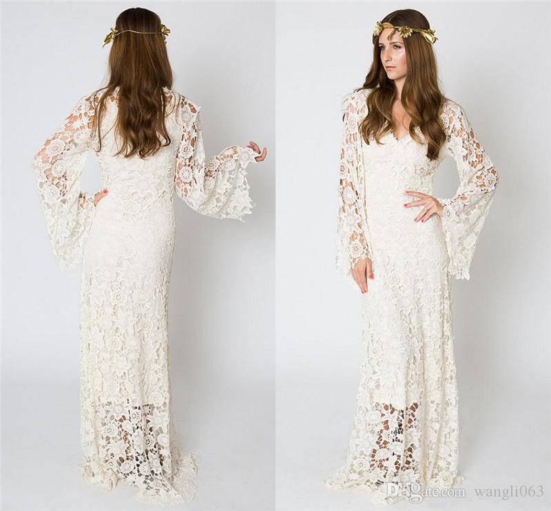 Vintage Bohemian Beach Wedding Dresses Bell Sleeves Lace Crochet Hippie Wedding Dress Floor Length Boho Bridal Gowns, White
Vintage Bohemian Beach Wedding Dresses Bell Sleeves Lace Crochet Hippie Wedding Dress Floor Length Boho Bridal Gowns, White