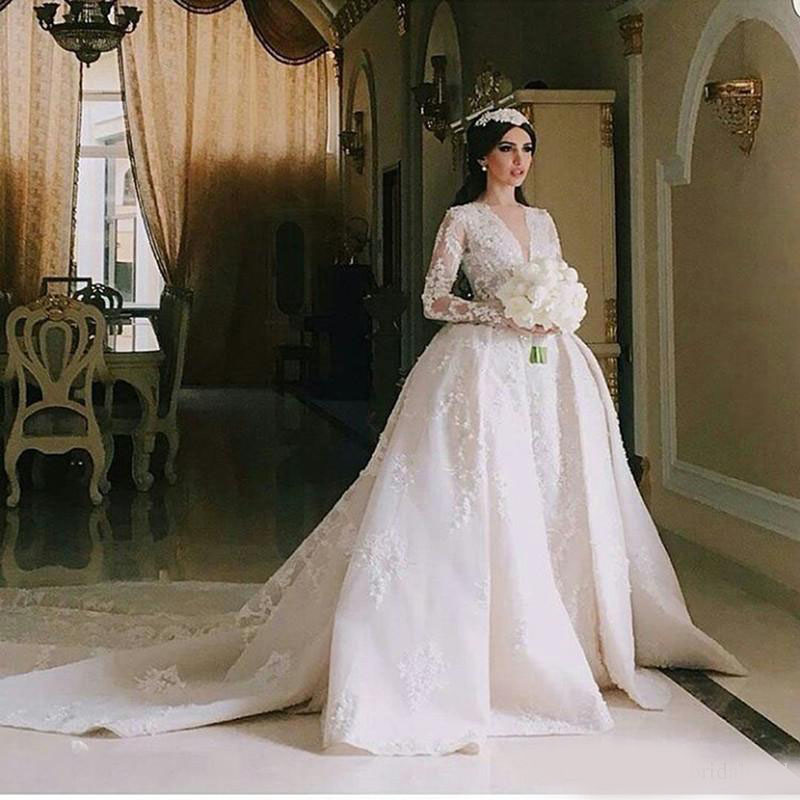 2020 V Neck Lace Appliques Ball Gown Wedding Dresses Long Sleeves Illusion Bodice Beads Tulle Plus Size A Line Bridal Gowns Button Back