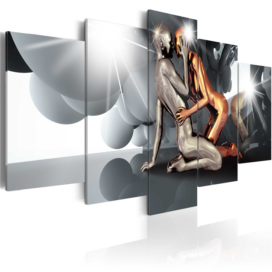 Fashion Wall Art Canvas Painting 5 Pieces Grey Green Brown Abstract Metal Intimate Lover Modern Home Decoration,Choose Color And Size No Fra