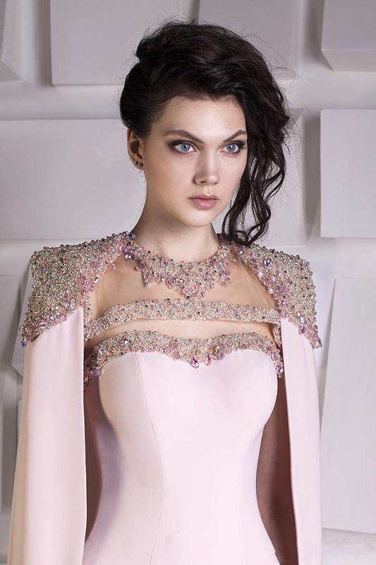 2022 Arabic Dubai Mermaid Pink Prom Dresses for Women Jewel Neck Crystal Beaded With Cape Wraps Floor Length Evening Dress Wear Party Gowns