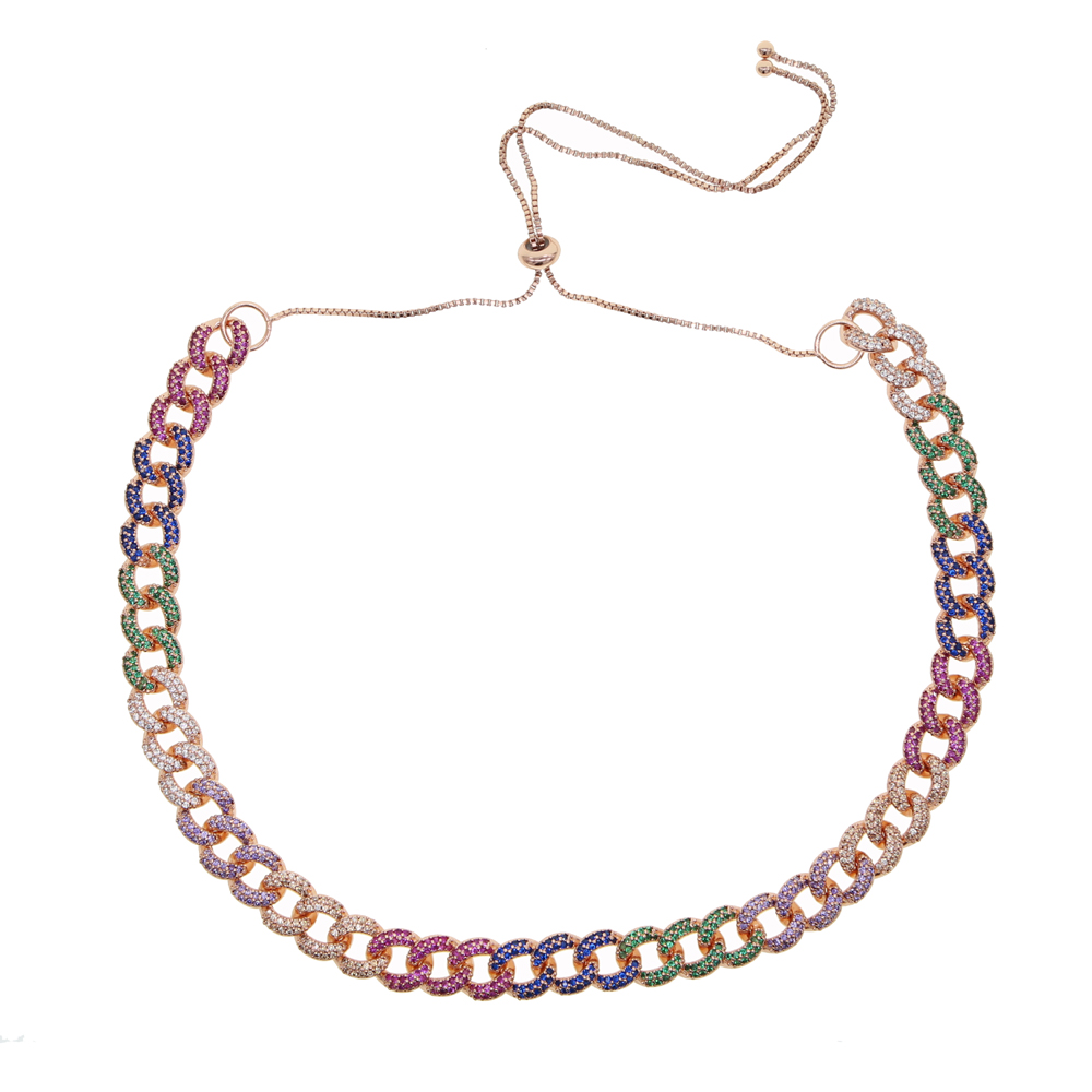Iced Out Women Choker Necklace Rose Gold Metal Cuban Link Full With rainbow colorful Cubic Zirconia Stones Chain Jewelry