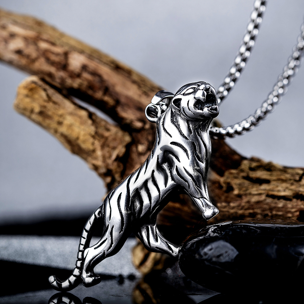 Hip Hop Domineering Tiger Pendat Necklace 316L Stainless Steel with Silver Gold Twist Chain Necklace Jewelry