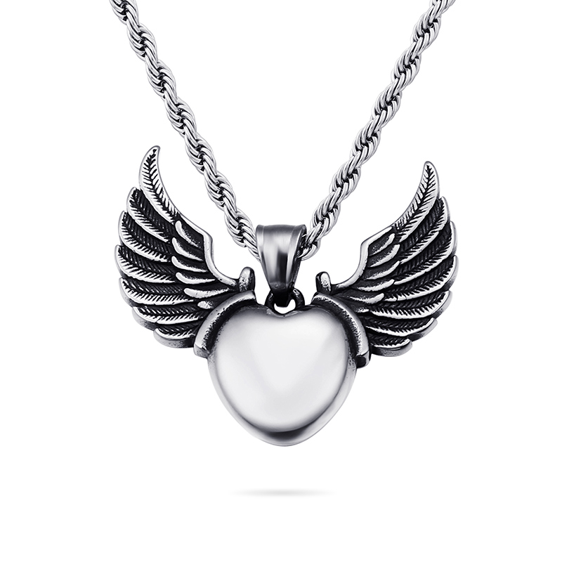 Women Men Hip Hop Heart Shape Angel Wings Pendants Necklace 316L Stainless Steel 18K Gold Plated Jewelry
