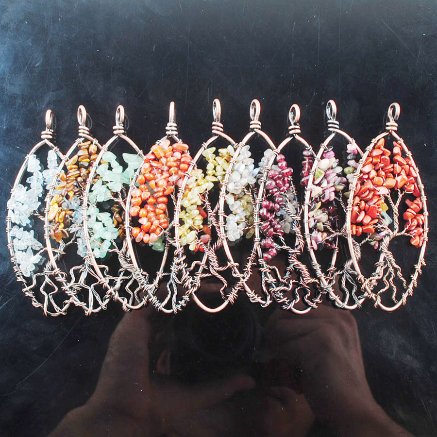 WOJIAER 94x37mm The Tree Of Life Pendant Handmade Tigers Eye Amethyst Gem Stone Marquise Shape BN325