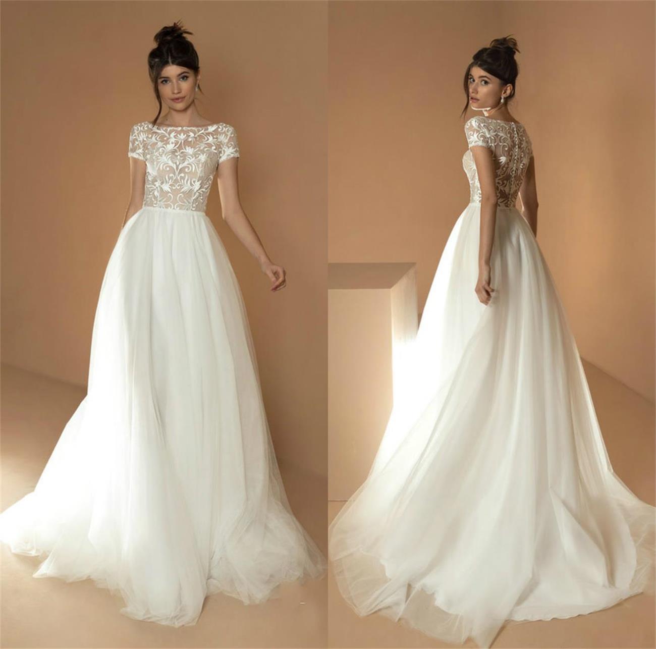 2020 Bohemian Wedding Dresses Beach Style A Line Bateau Neck Lace Appliqued Boho Wedding Dress Custom Made Cheap Robes De Mariée