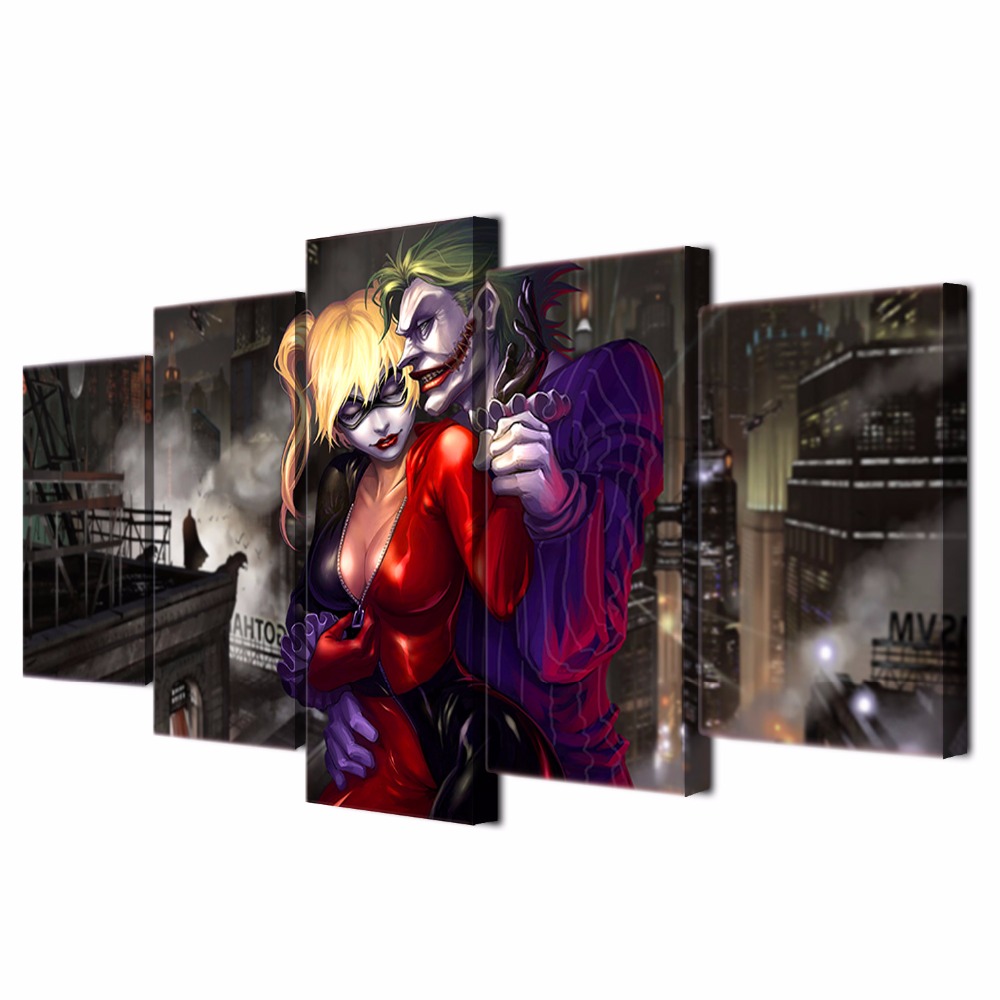 5 Panel Suicide Squad Joker With Harley Quinn Home Decoracion Canvas Art Wall Picture Home Decor For Living Room Prints No Frame