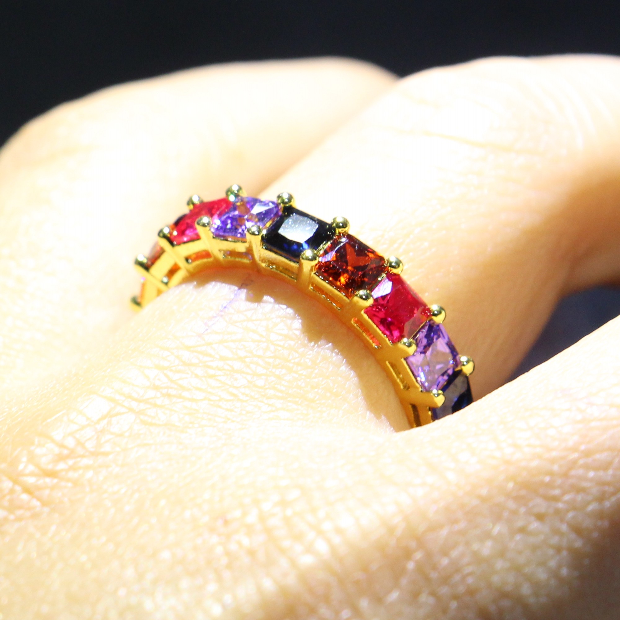 Size 5-10 New Arrival Hot Sale Luxury Jewelry 925 Sterling Silver&Gold Fill Princess Cut Multi Topaz CZ Diamond Seven Color Women Band Ring