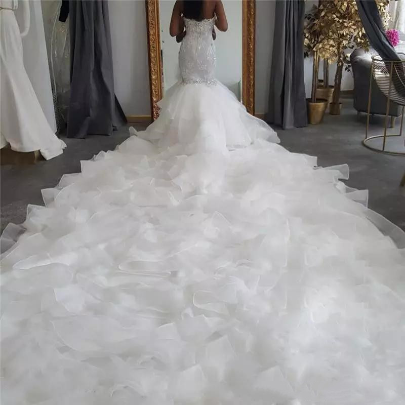Sweetheart Lace Mermaid Wedding Dresses with Ruffles Chapel Train 2020 Crystal vestidos de novia Custom Made Bridal Wedding Gowns