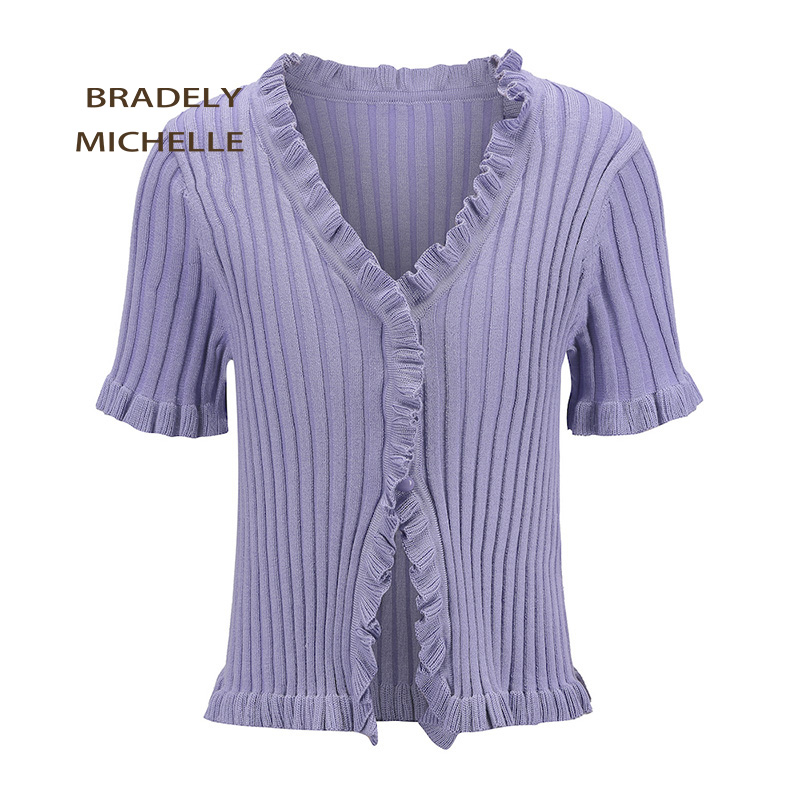 Women Fashion Short-Sleeve Ruffles Cardigans Sweaters Knits Tees With Single Breasted Big Elastic Knitted Crop Tops B4