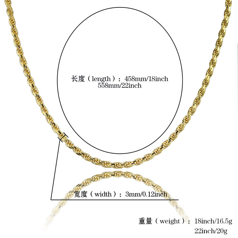 & White Gold Plated Sterling Sier Twist Necklace 3mm 18 22 Rope Chain Hip Hop Rapper Jewelry Gifts For Men and Women