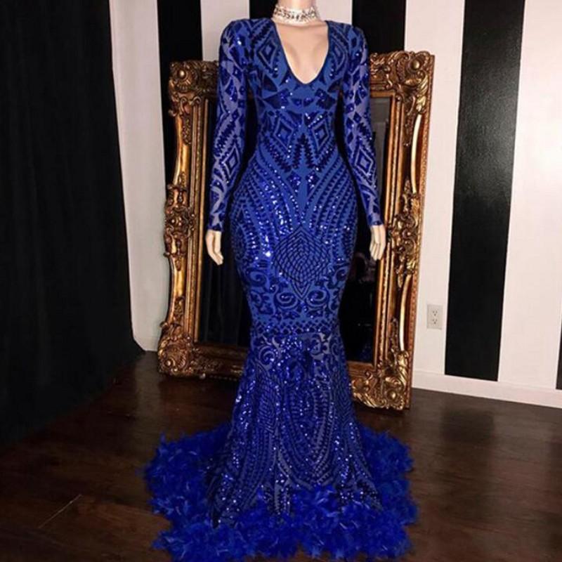2020 New Sexy Sequins Feather Dark Red Mermaid African Prom Dresses Royal Blue Long Sleeves V Neck Sequined Formal Evening Dress Party Gowns