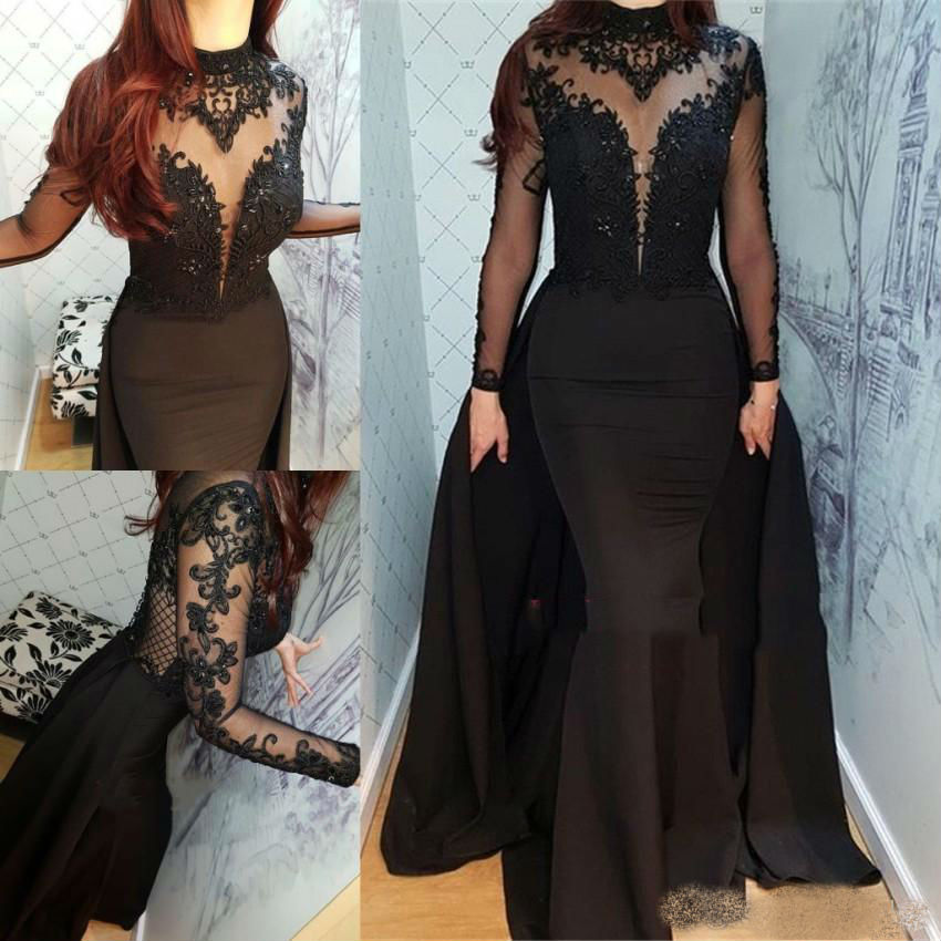 2019 Vintage Black Mermaid Prom Dresses High Collar Sheer Long Sleeve Arabic Evening Dress with Detachable Train Lace Applique Bridal Gowns