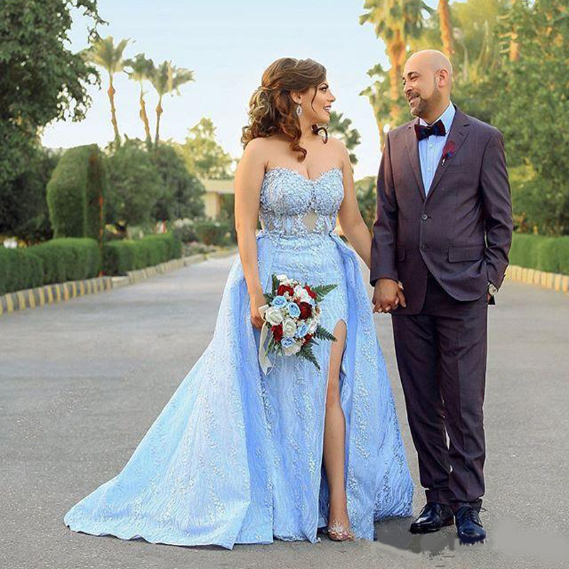 2020 Sky Blue Prom Dresses Plus Size Lace Overskirt Side Split Celebrity Dress Sweetheart robes de mariée Custom Made Evening Gowns