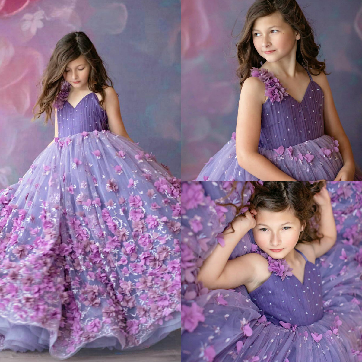 Princess Purple Ball Gown Flower Girls Dresses For Weddings 3D Floral Appliqued Kids Formal Wear Beaded Pageant Gown vestidos de primera
