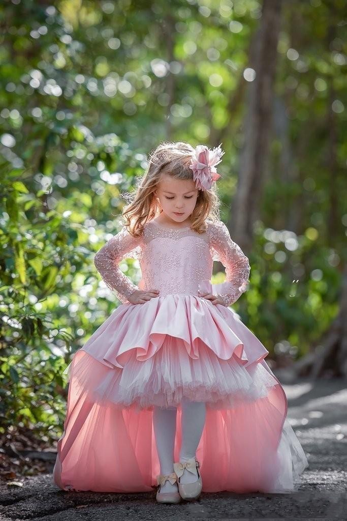 Cheap Hi Lo Pink Flower Dresses For Weddings Jewel Satin Lace Tulle Appliques Beads Long Sleeves Girls Pageant Gowns Kids Prom