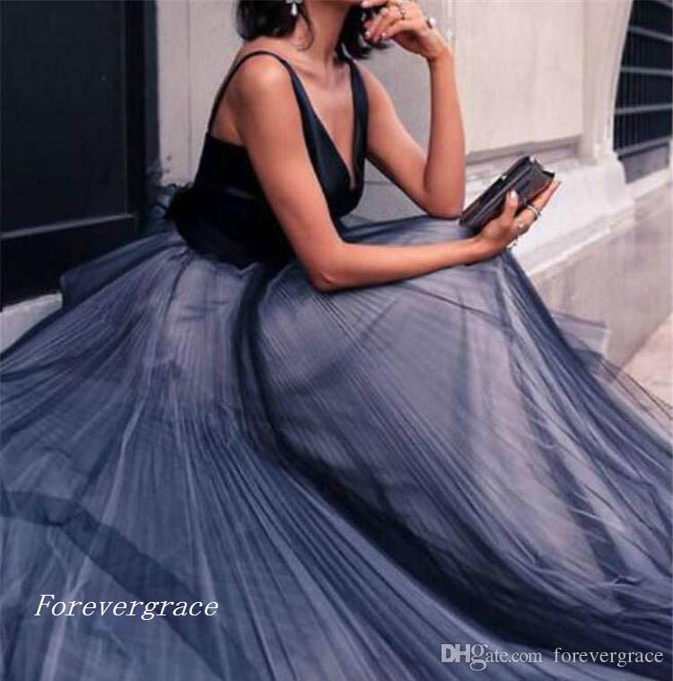 2019 Sexy V Neck Evening Dress Long Tulle Backless Formal Holiday Wear Prom Party Gown Custom Made Plus Size