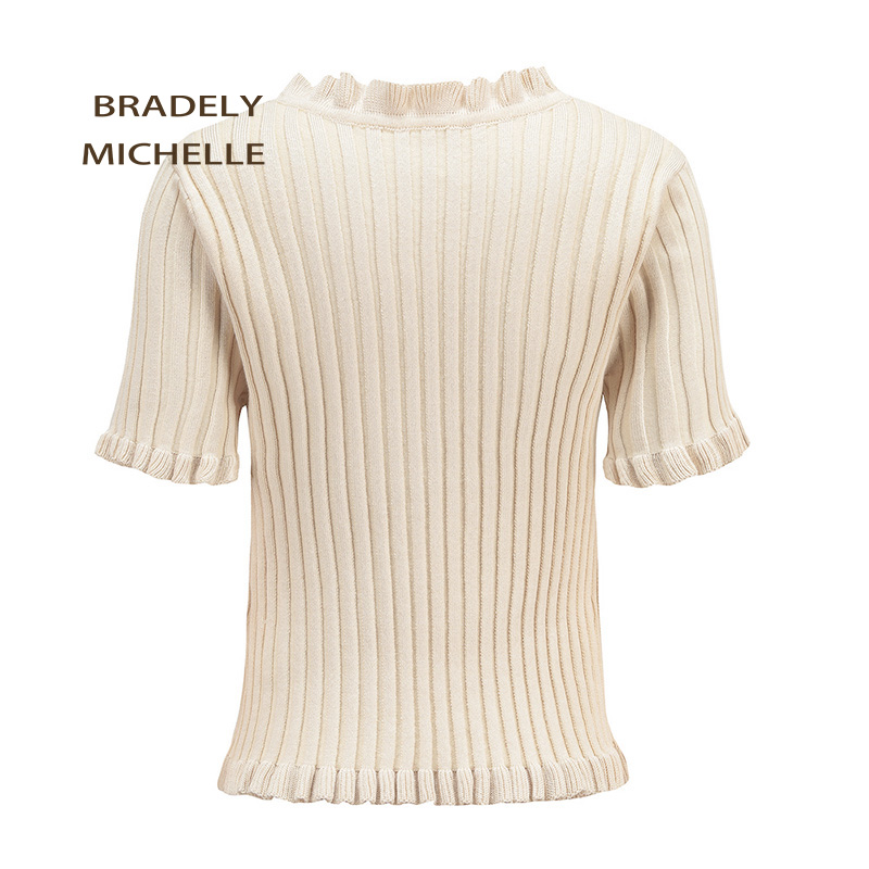 Women Fashion Short-Sleeve Ruffles Cardigans Sweaters Knits Tees With Single Breasted Big Elastic Knitted Crop Tops B4