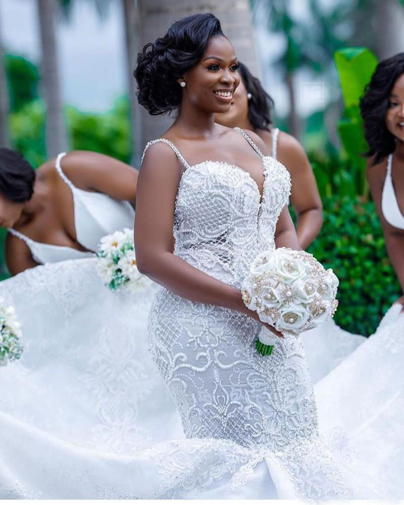 Mermaid Lace Beaded Wedding Dresses Spaghetti Straps Appliqued Bridal Gowns Sweep Train Plus Size Trumpet Robe De Marie