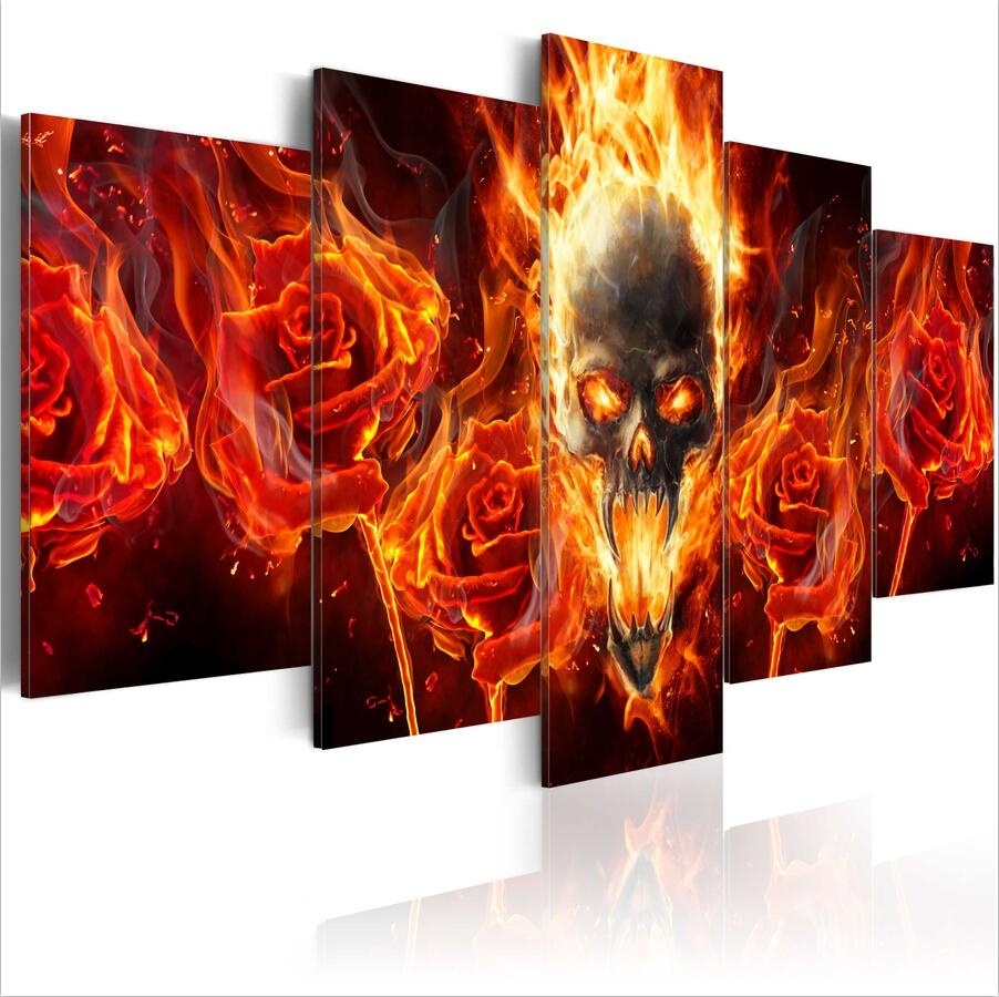 ( No Frame)5PCS/Set Modern Abstract Fire Skull Art Print Frameless Canvas Painting Wall Picture Home Decoration