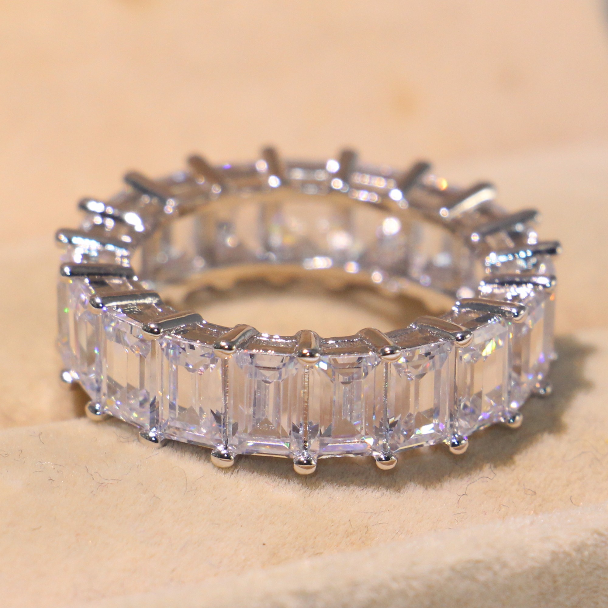 Top Selling Simple Fashion Jewelry 925 Sterling Silver Princess Cut Full White Topaz CZ Diamond Eternity Women Wedding Band Ring Gift