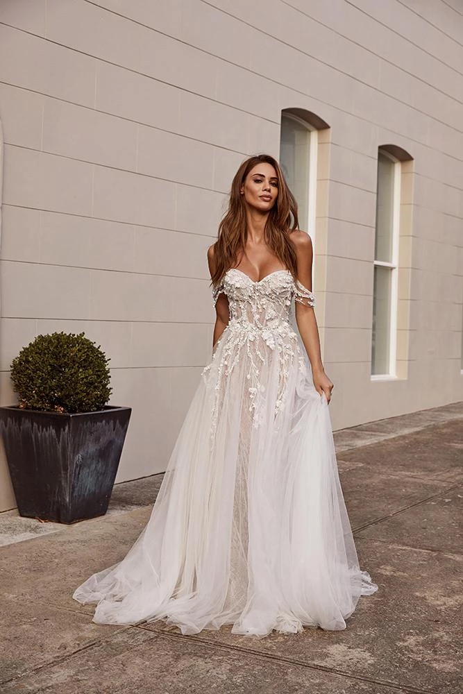 2020 Pallas A Line Wedding Dresses Bohemian Off The Shoulder Beading Wedding Dress Beach Style Custom Made Boho Vestidos De Novia