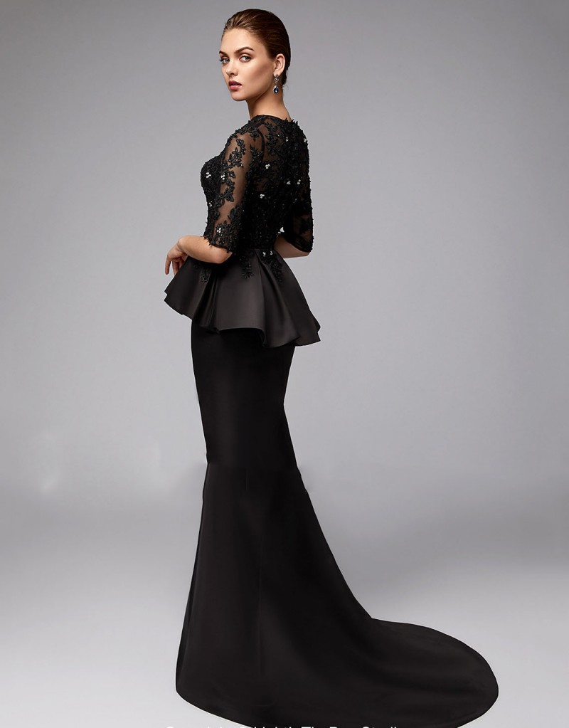Peplum Black Mermaid Mother Of The Bride Dresses Cheap Long Sleeve Lace Wedding Guest Dress Plus Size Half Sleeve Bead Mothers Groom Dresses