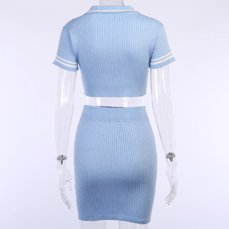 NewAsia Ribbed Knitted 2 Piece Set Women Short Sleeve Button Crop Top And Mini Skirt Set Party Two Piece Set Outfit Clothes