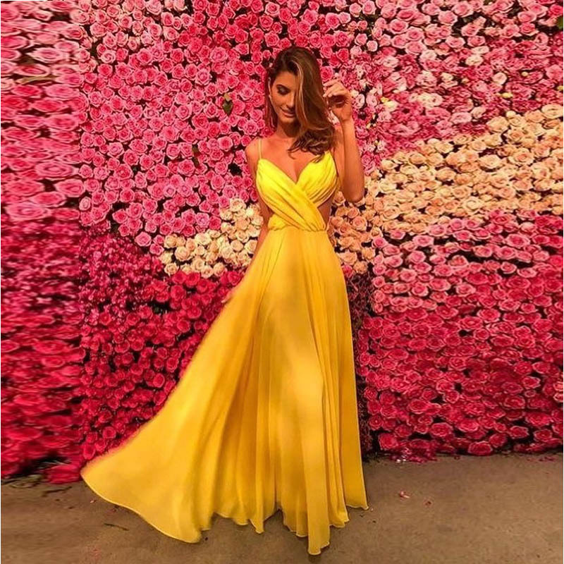 Yellow Spaghetti Strap Prom Dresses Backless Pleat Chiffon Prom Dress Floor Length Evening Party Gowns