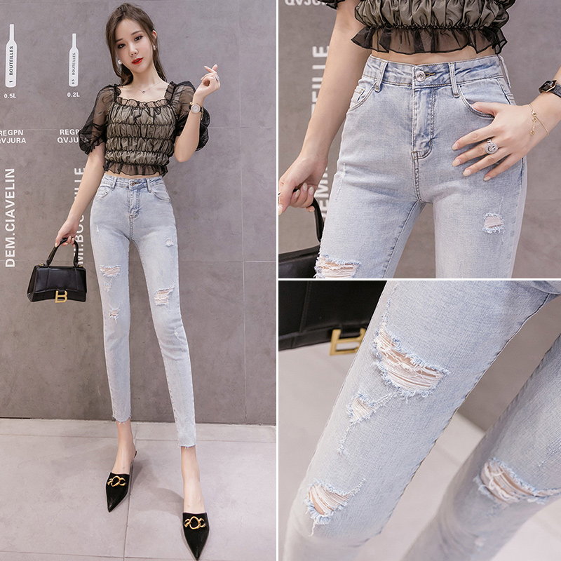 Sky blue jeans for women summer High waist temperament Stylish Casual Slim Hole cozy Was thin All-match Women' pencil pants
Sky blue jeans for women summer High waist temperament Stylish Casual Slim Hole cozy Was thin All-match Women' pencil pants