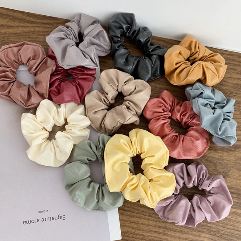 Scrunchies Headwear Retro PU Hairband Elastic Wide Rubber Band Girls Ponytail Holder Fashion Hair Accessories 14 Colors 120pcs DW4611