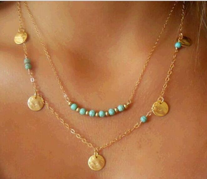 Fashion- Necklaces for Women Beads Coin Turquoise Boho Pendants Body Chain Steampunk Multilayer Necklaces Christmas Gift