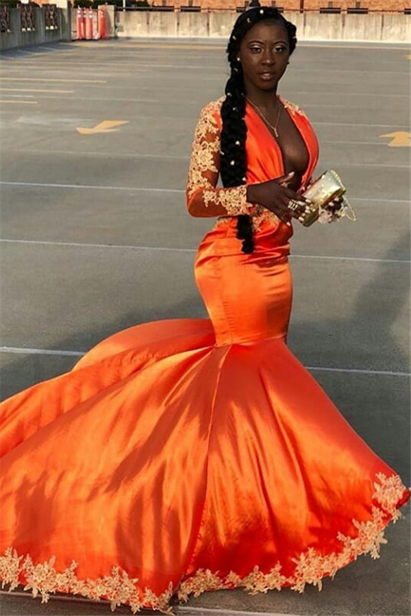 Modest Deep V-Neck Mermaid Prom Dresses Sparkly Lace-Appliques Prom Party Gowns Long Sleeves Formal Dresses robes de soirée