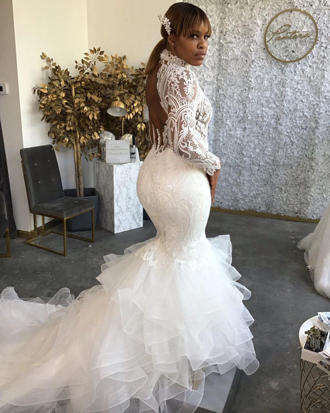 Fabulou Mermaid Lace Ackle Wedding Dree High Neck Long Sleeve Ridal Gown Plu Size Sweep Train Tulle Tiered Robe