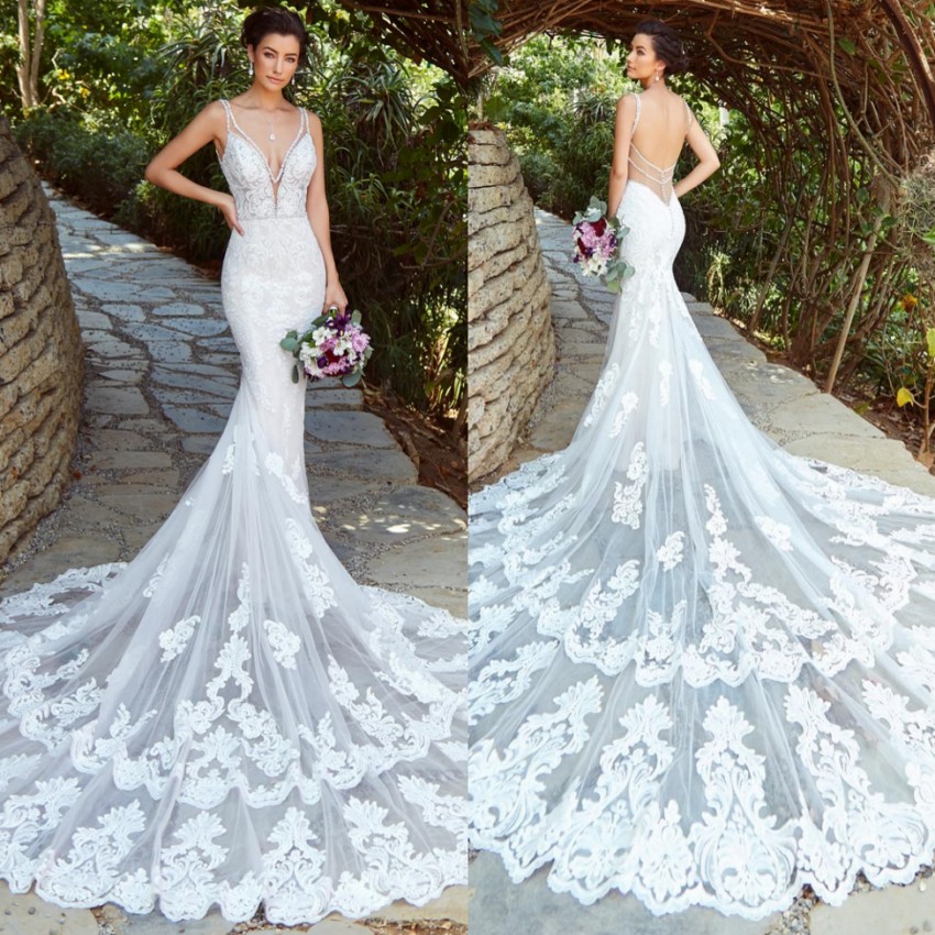 Lace Attractive Mermaid Backless Wedding Dresses Deep V Neck Beaded Bridal Gowns Sweep Train Trumpet Plus Size Robe De Marie