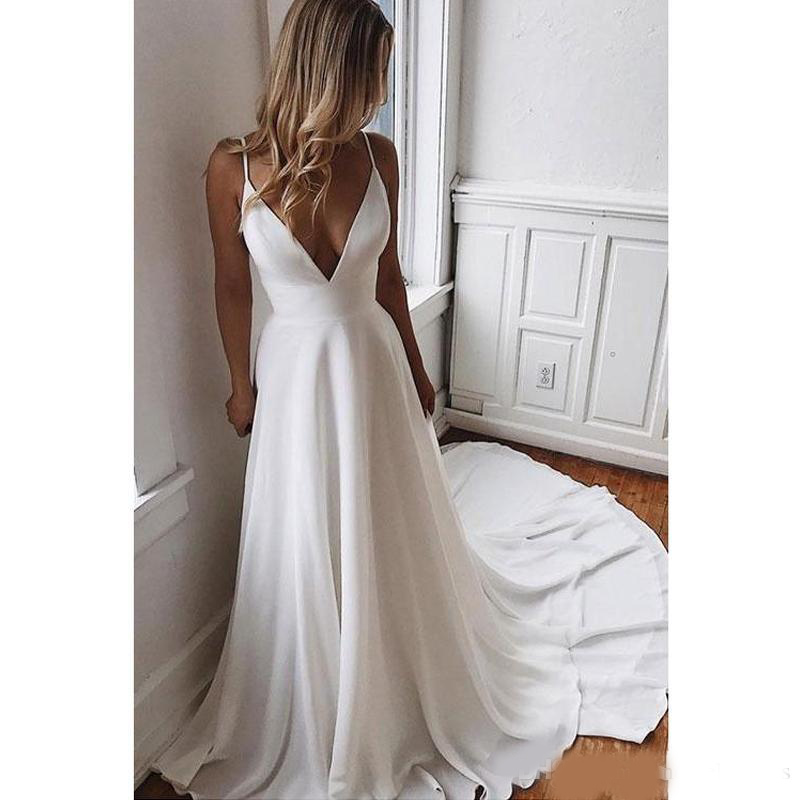 Simple V Neck Chiffon A Line Boho Beach Wedding Dresses 2020 Beaded Applique Formal Bridal Gowns Cheap Custom Bride Dress Vestidos De Novia