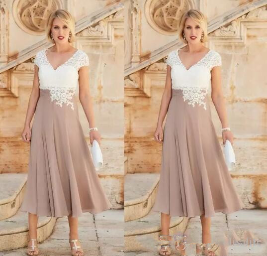 White Black V neck Lace Mother Of The Bride Dresses Applique Beads Cap Sleeves Tea Length Plus Size Wedding Guest Gowns