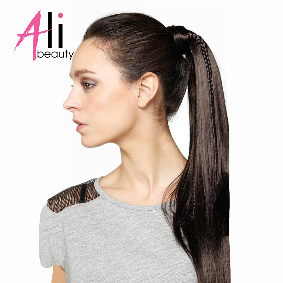 

ALI BEAUTY 60g Thick Human Hair Ponytail Wrap Around Horsetail Clips-In Straight Machine Made Remy Hair, Black;brown