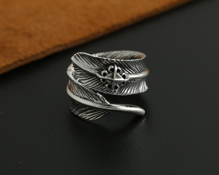 Brand 925 sterling silver jewelry antique silver American Japanese hand-made designer feather open adjustable rings for men women