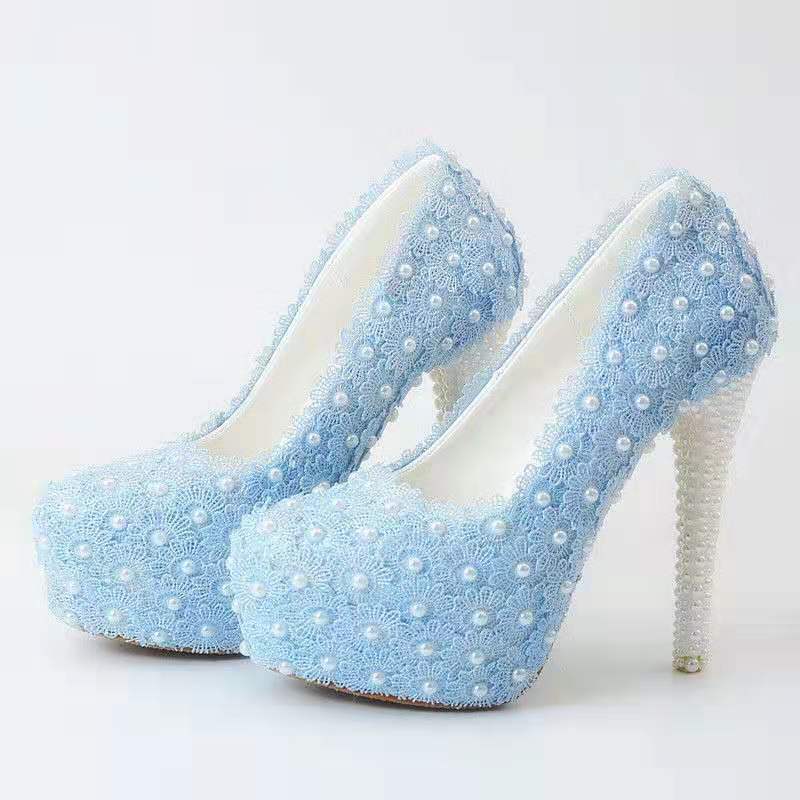 Lace Flower Wedding Shoes Pearls Pumps High Heels Bridal Shoes 14cm Bling Bling Prom Shoes for Lady