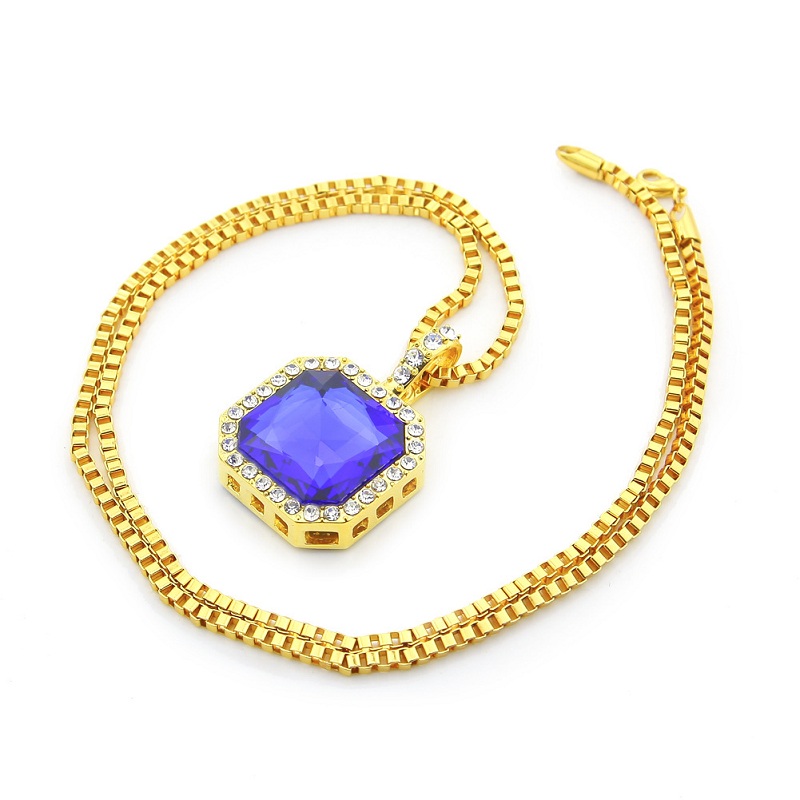 Fashion- Square Ruby Pendant Necklace Gold Box Chain For Men New Fashion Hip Hop Necklaces Jewelry