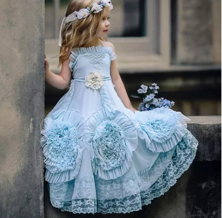 Cute Flower Girls Dresses For Wedding Multilayer Lace Halter Kids Formal Wear Applique Floor Length Girl S Pegeant Dress