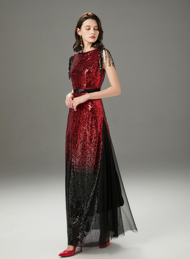 Women's Runway Dresses O Neck Sleeveless Sequined Tassels Color Block Layered Elegant Party Prom Dresses