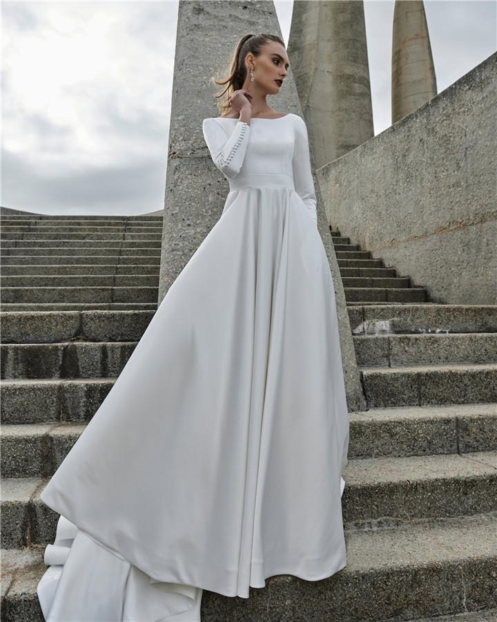 A Elbeth Gillis Line Dresses Jewel Neck Long Sleeves Lace Satin Beach Backless Sweep Train Wedding Dress Bridal Gowns Robe Vestidos