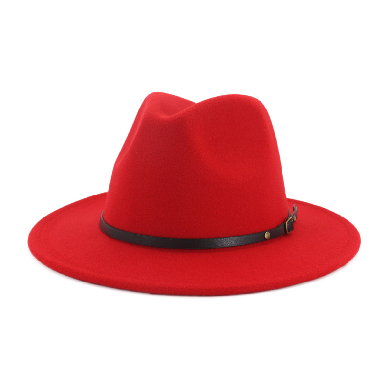QIUBOSS Black Red Patchwork Wool Felt Jazz Fedora Hats Belt Buckle Decor Women Unisex Wide Brim Panama Trilby Cowboy Cap Sunhat LY191228