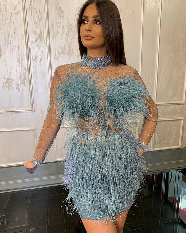 High Neck Short Prom Dresses Feather Illusion Major Beading Crystal Evening Dress Long Sleeve Formal Party Gowns Club Wear