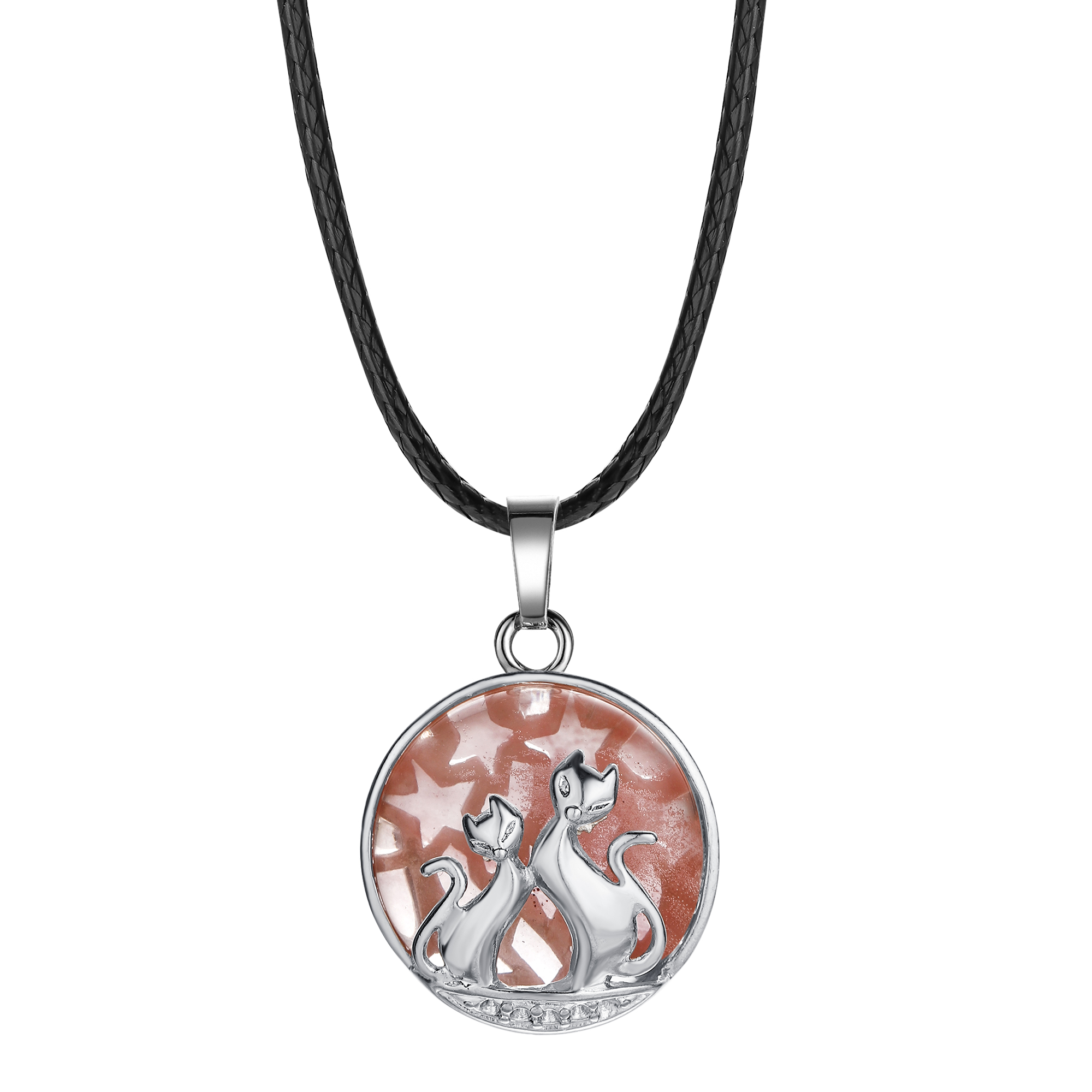 qimoshi Moon couple cat pendant men and women stainless steel healing natural stone round necklace 23x34MM12pcs (send leather rope)