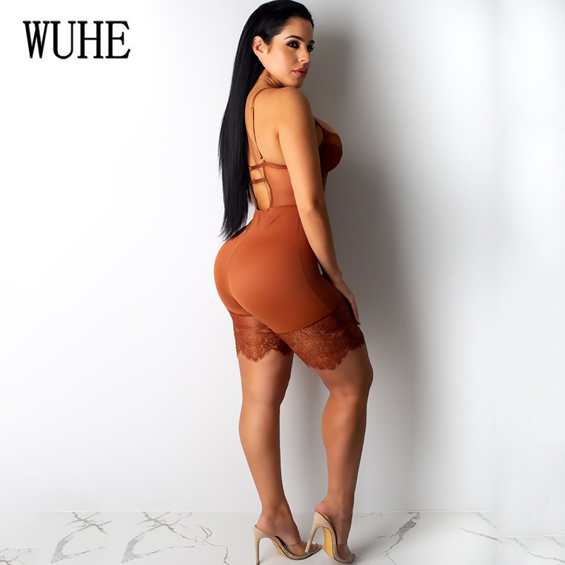 WUHE Lace Patchwork Sexy Spaghetti Strap Jumpsuits Women Off Shoulder Sleeveless Elegant Bodycon Bandage Party Short Playsuits T200113