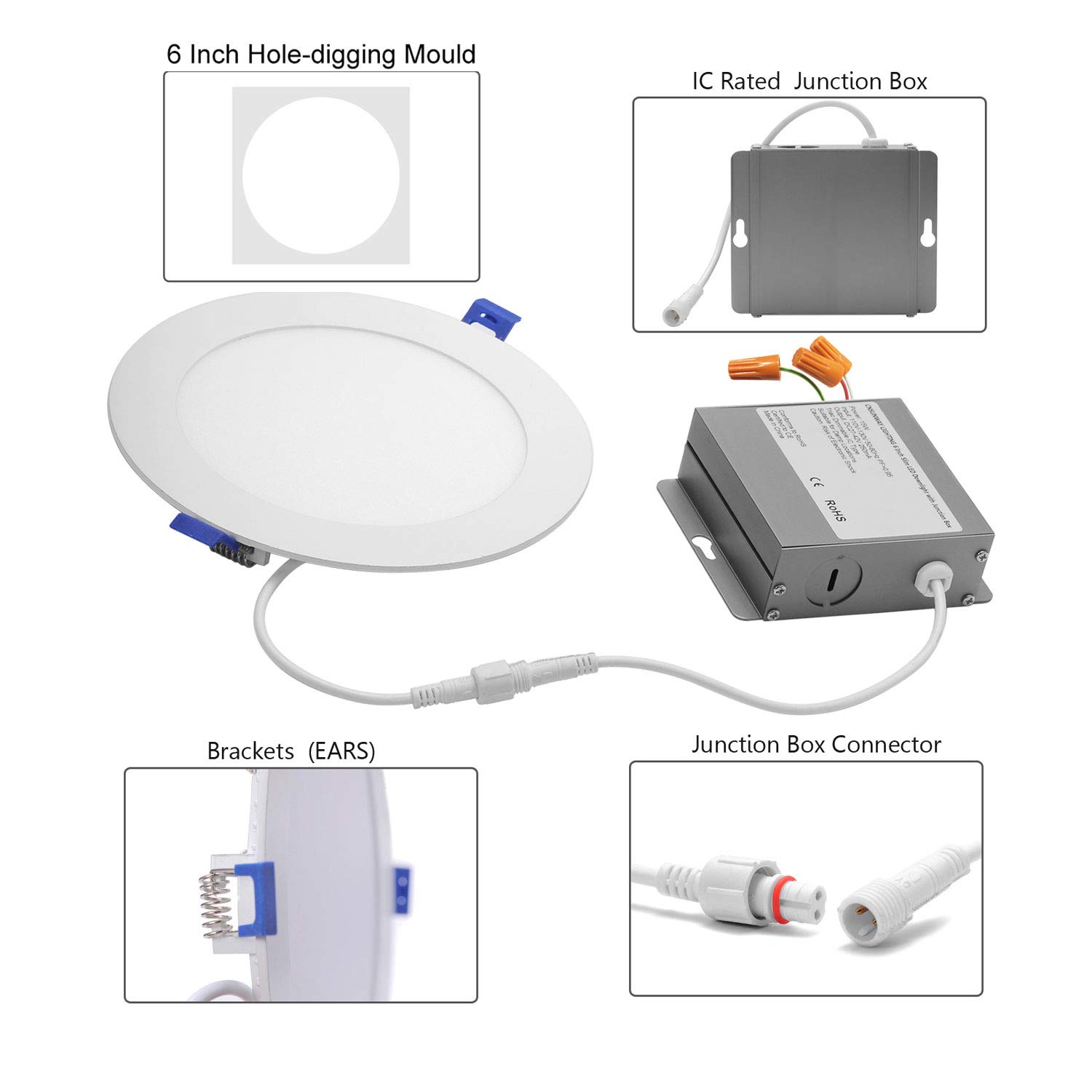 Stock In US - 15W 6 Inch LED Slim Downlight with Junction Box 15W=120W 1125LM 3000K Warm White Dimmable Recessed Ceiling Light Fixture